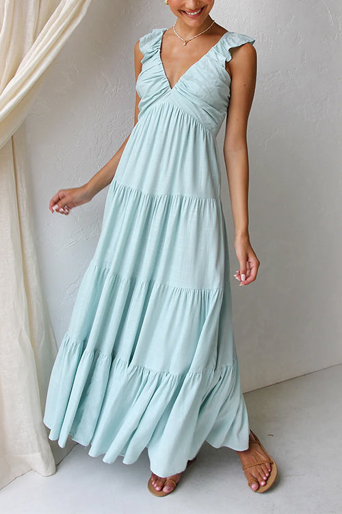 Women’s V-neck ruffle tiered maxi dress in cotton linen blend