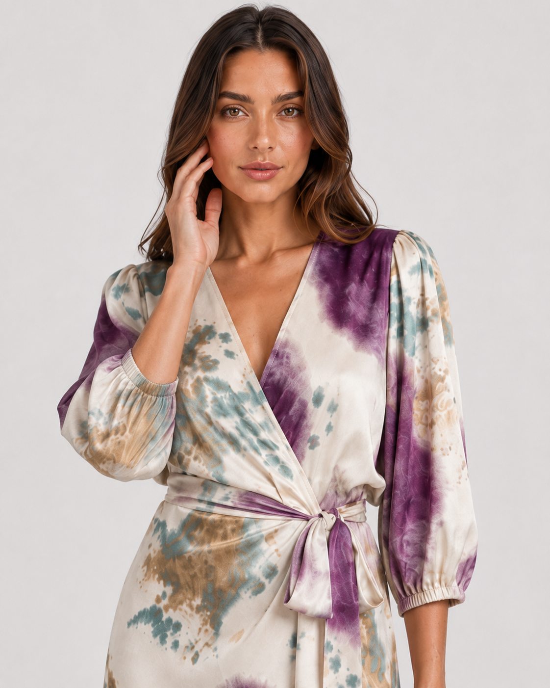 Womenโs printed two-piece set by Klyne Studios featuring a V-neck long sleeve slim-fit top and matching relaxed-fit bottoms in a soft cotton and polyester blend.