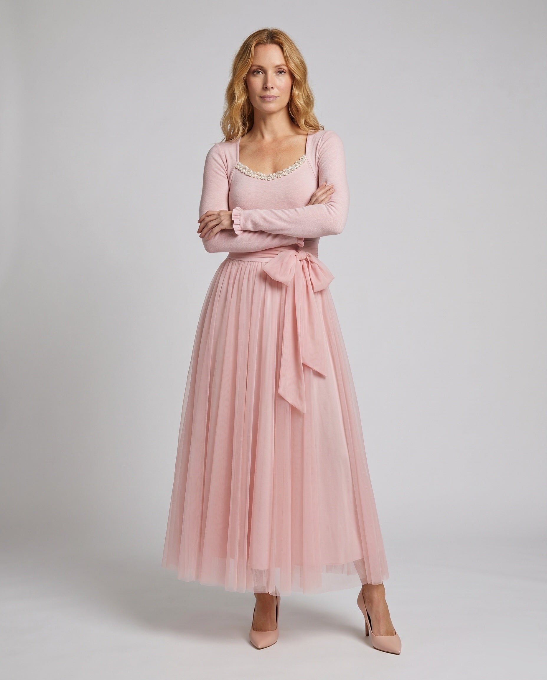 Women's waist belt ruffle long sleeve maxi dress in lightweight tulle fabric, featuring a fitted waist, soft ruffle details, long sleeves, and a flowing full-length skirt for elegant occasion wear.