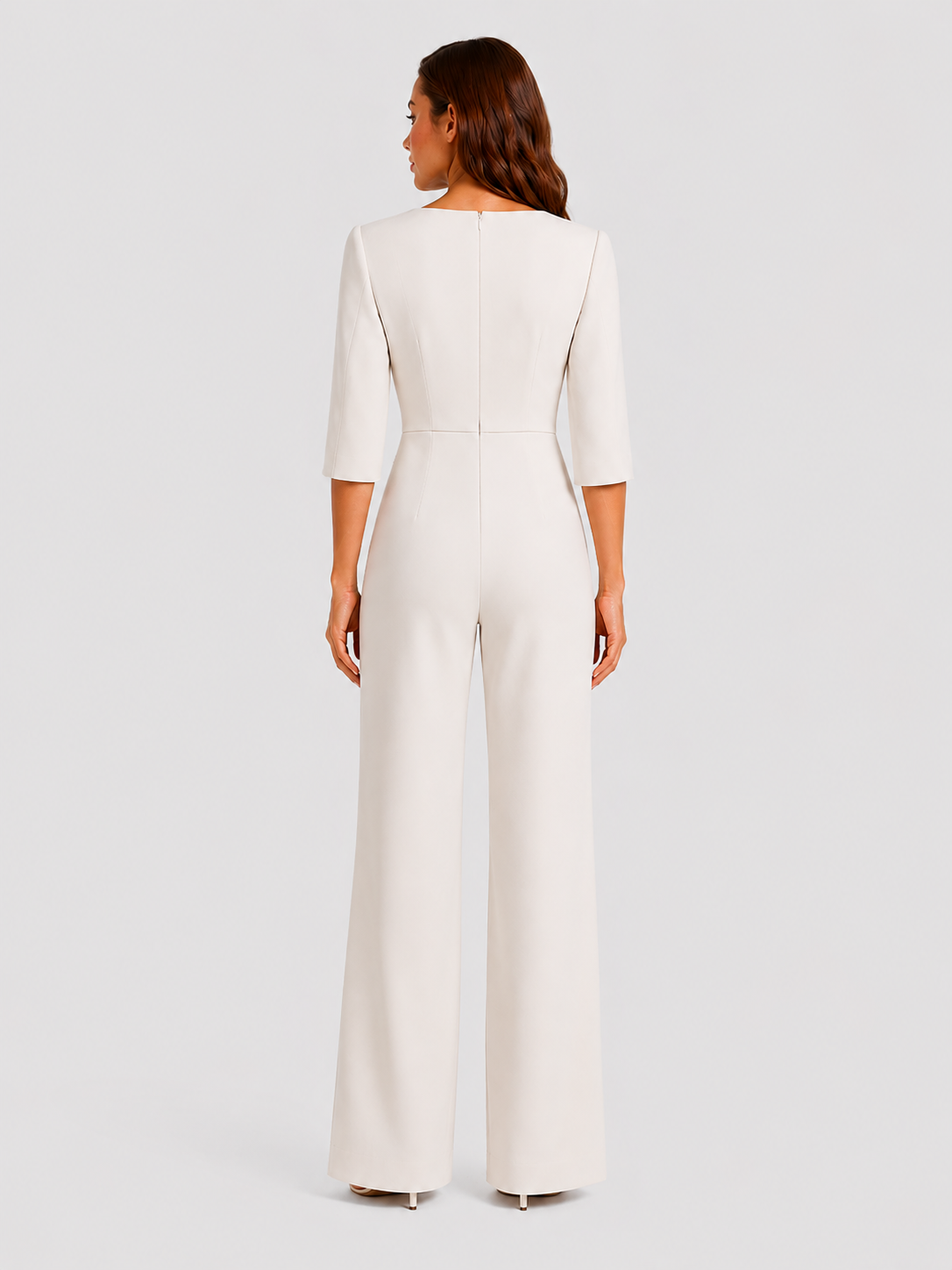Women’s elegant wide-leg jumpsuit featuring a boat neckline, tailored bodice, three-quarter split sleeves with pearl trim detailing, and flowing wide-leg trousers for weddings, evening events, and special occasions.