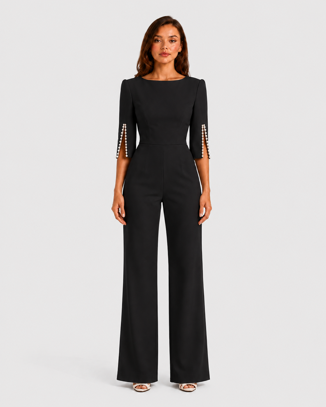 Women’s Wide-Leg Jumpsuit with Pearl Trim for Evening & Special Occasions
