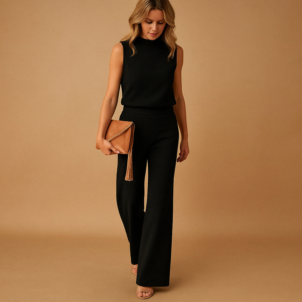 Women’s Wide Leg Jumpsuit with Round Neck and Mid-Waist Fit