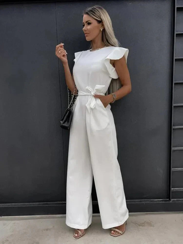 Women’s wide leg tie waist jumpsuit with ruffle sleeves