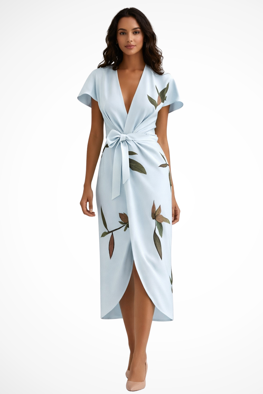 Women’s wrap midi dress with V-neck and flutter sleeves