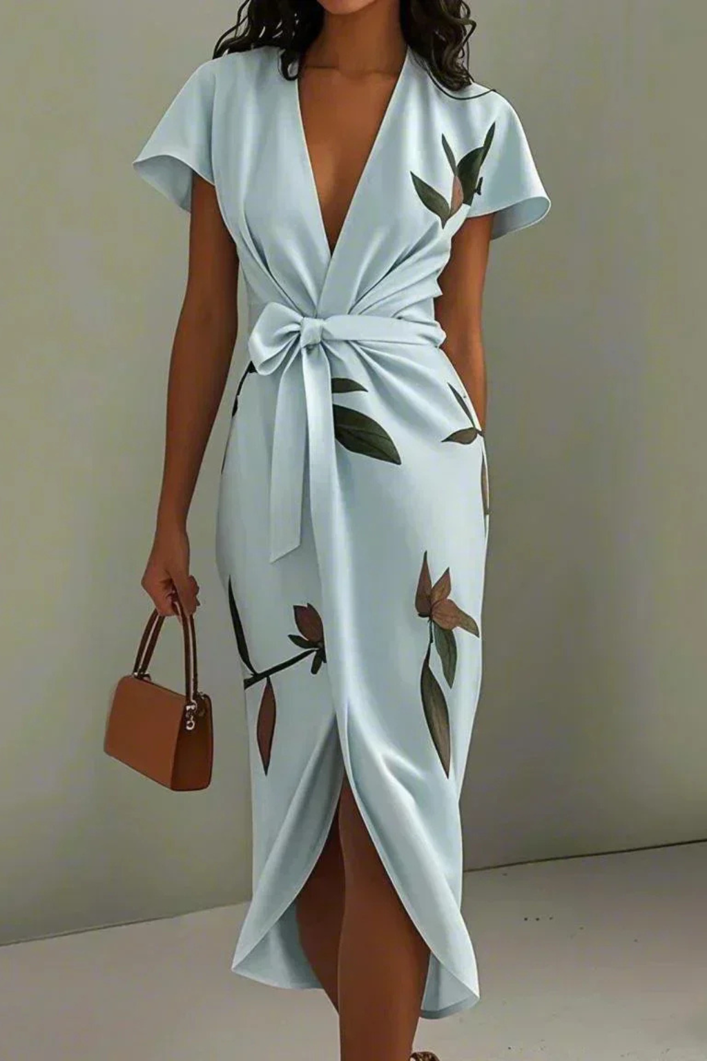 Women’s wrap midi dress with V-neck and flutter sleeves