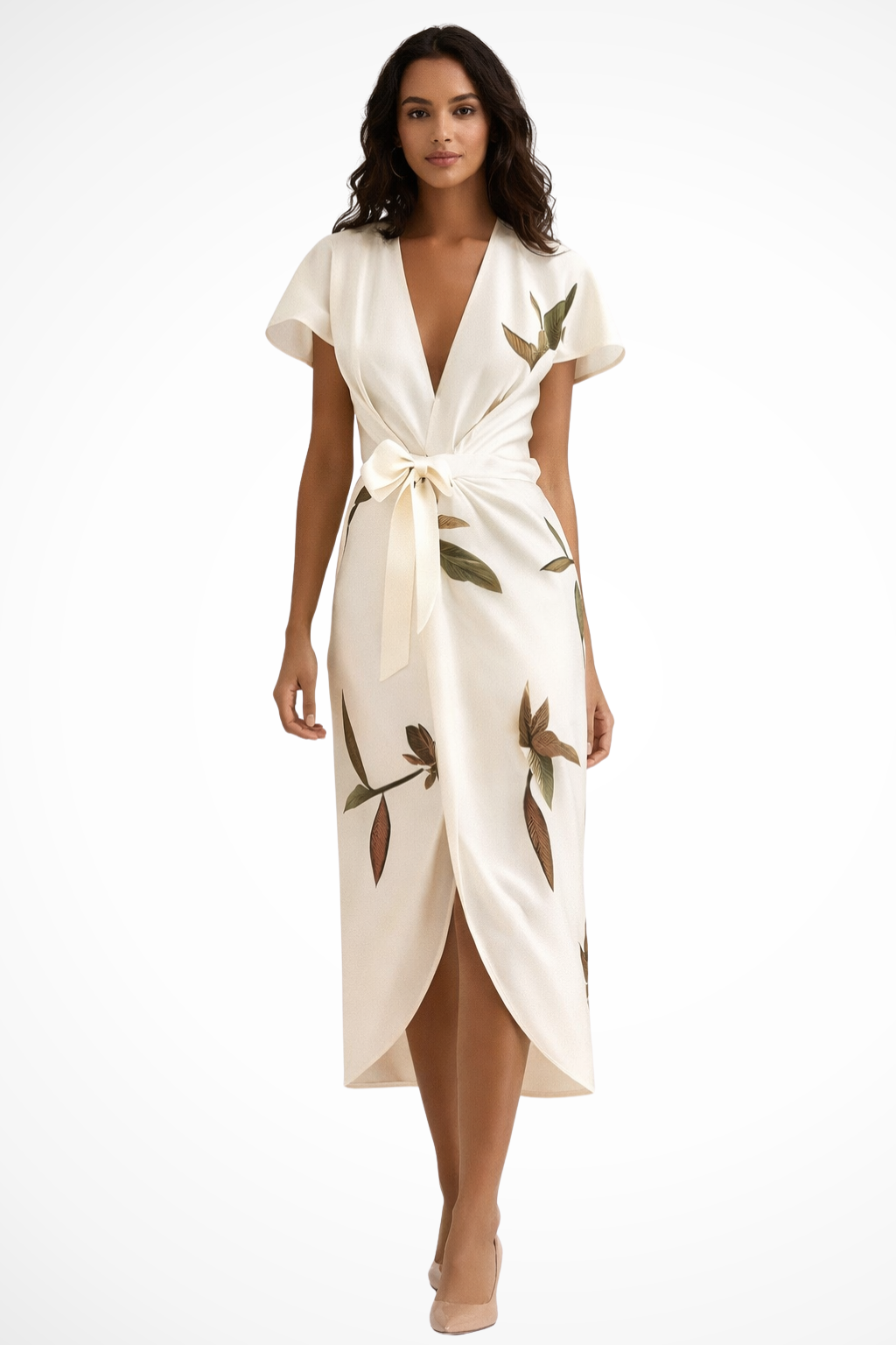 Women’s wrap midi dress with V-neck and flutter sleeves