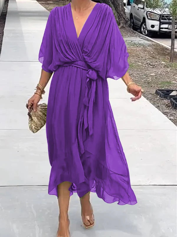 Women’s wrap V-neck midi dress in soft polyester blend with adjustable waist