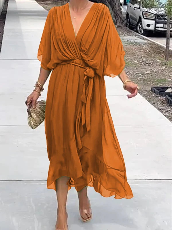 Women’s wrap V-neck midi dress in soft polyester blend with adjustable waist