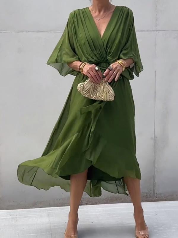 Women’s wrap V-neck midi dress in soft polyester blend with adjustable waist