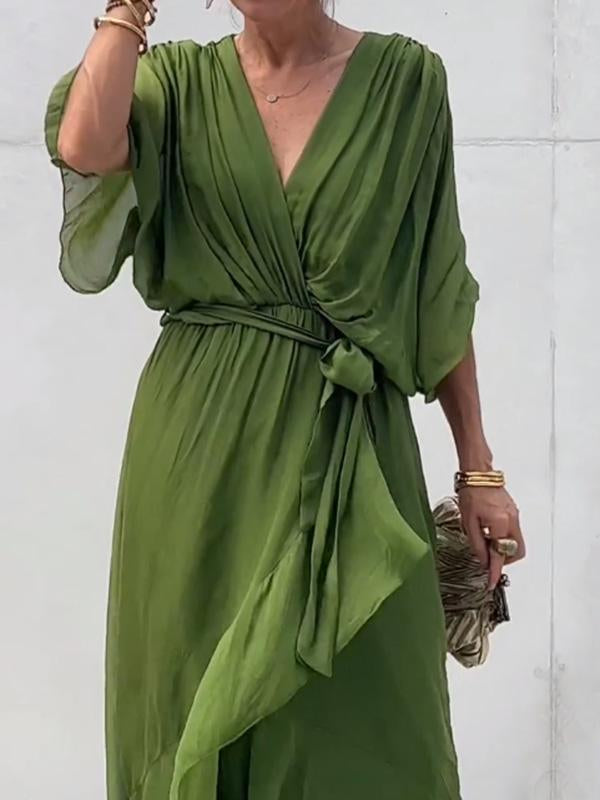 Women’s wrap V-neck midi dress in soft polyester blend with adjustable waist
