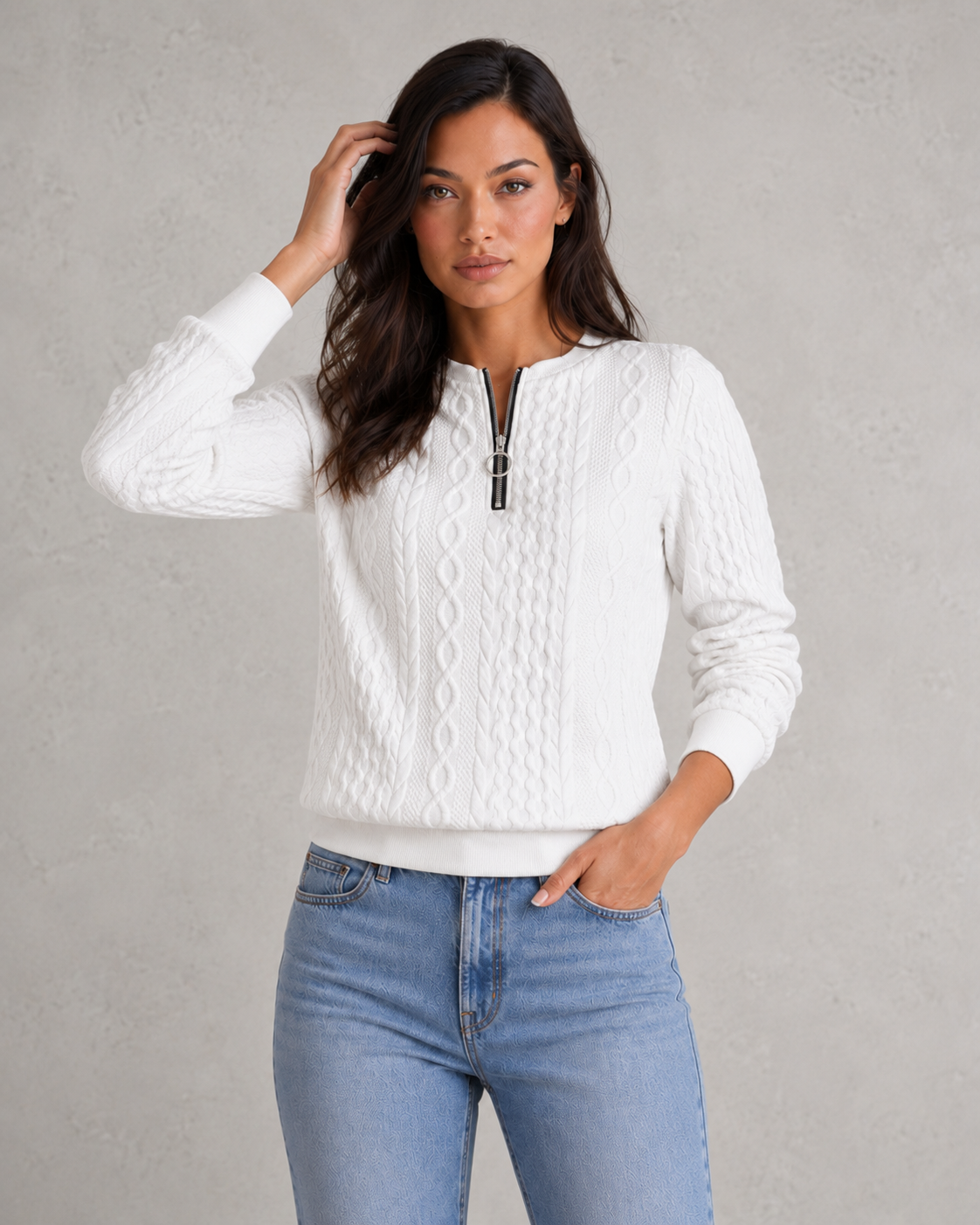 Women's cable knit zip-front sweater with a slim-fit silhouette, textured knit pattern and soft stretch fabric, ideal for layering in autumn and winter.