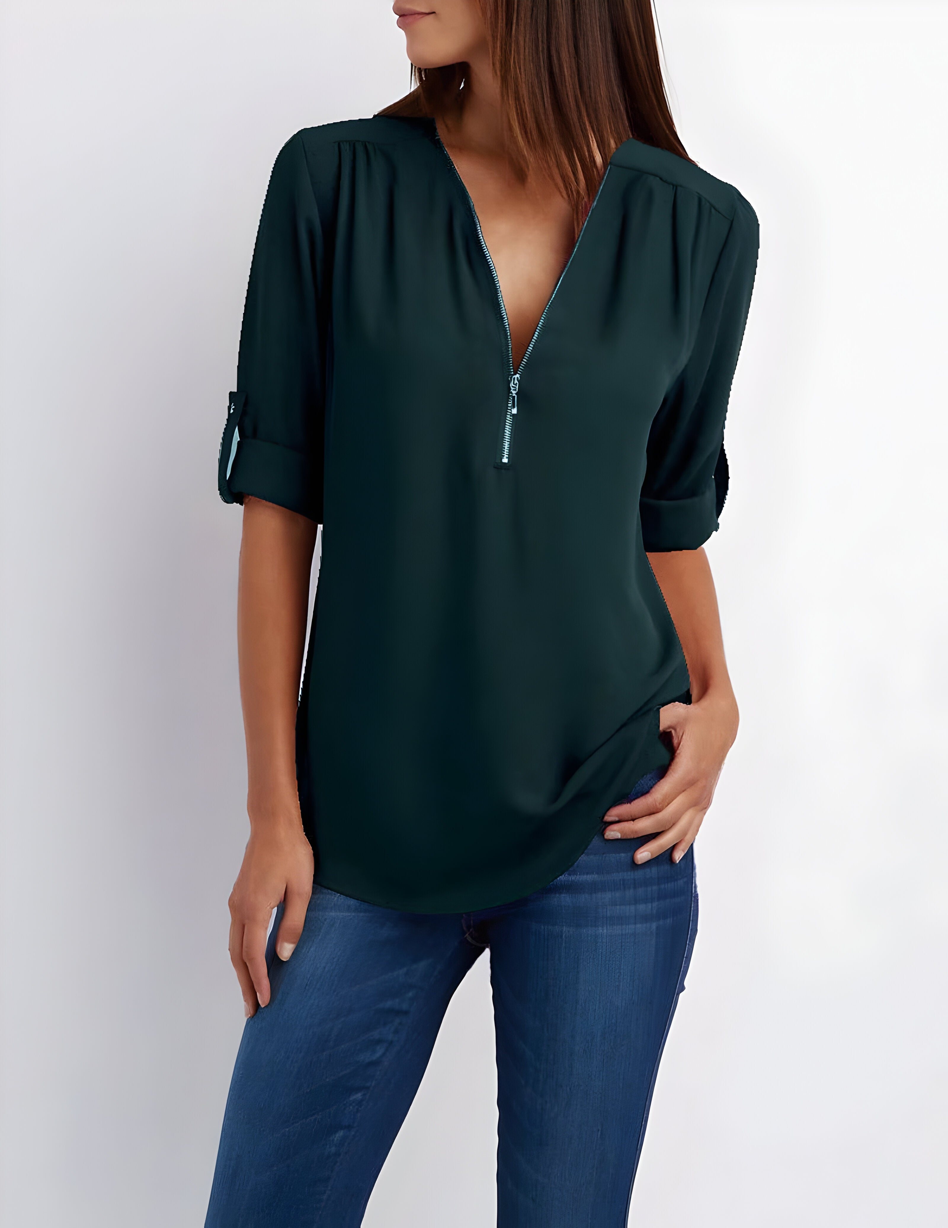 Women’s zip front V-neck blouse with roll tab sleeves