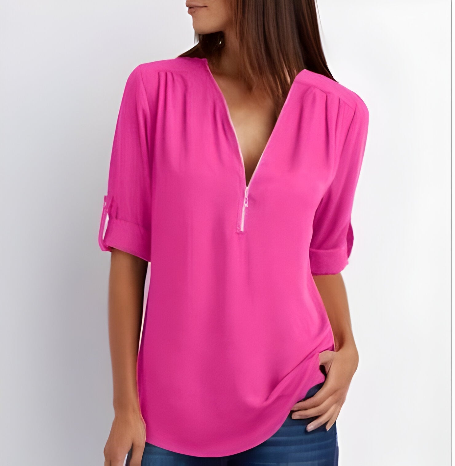 Women’s zip front V-neck blouse with roll tab sleeves