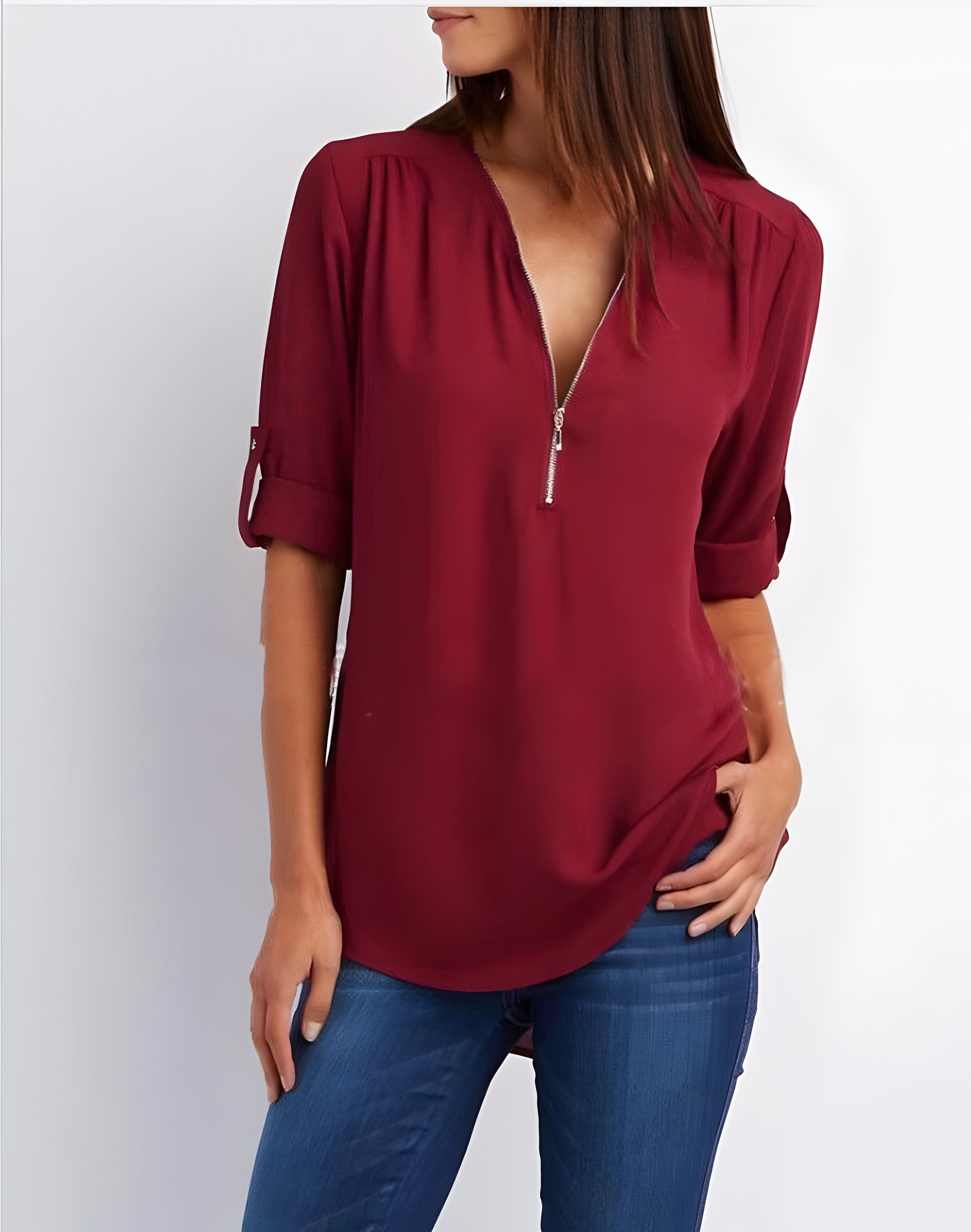 Women’s zip front V-neck blouse with roll tab sleeves