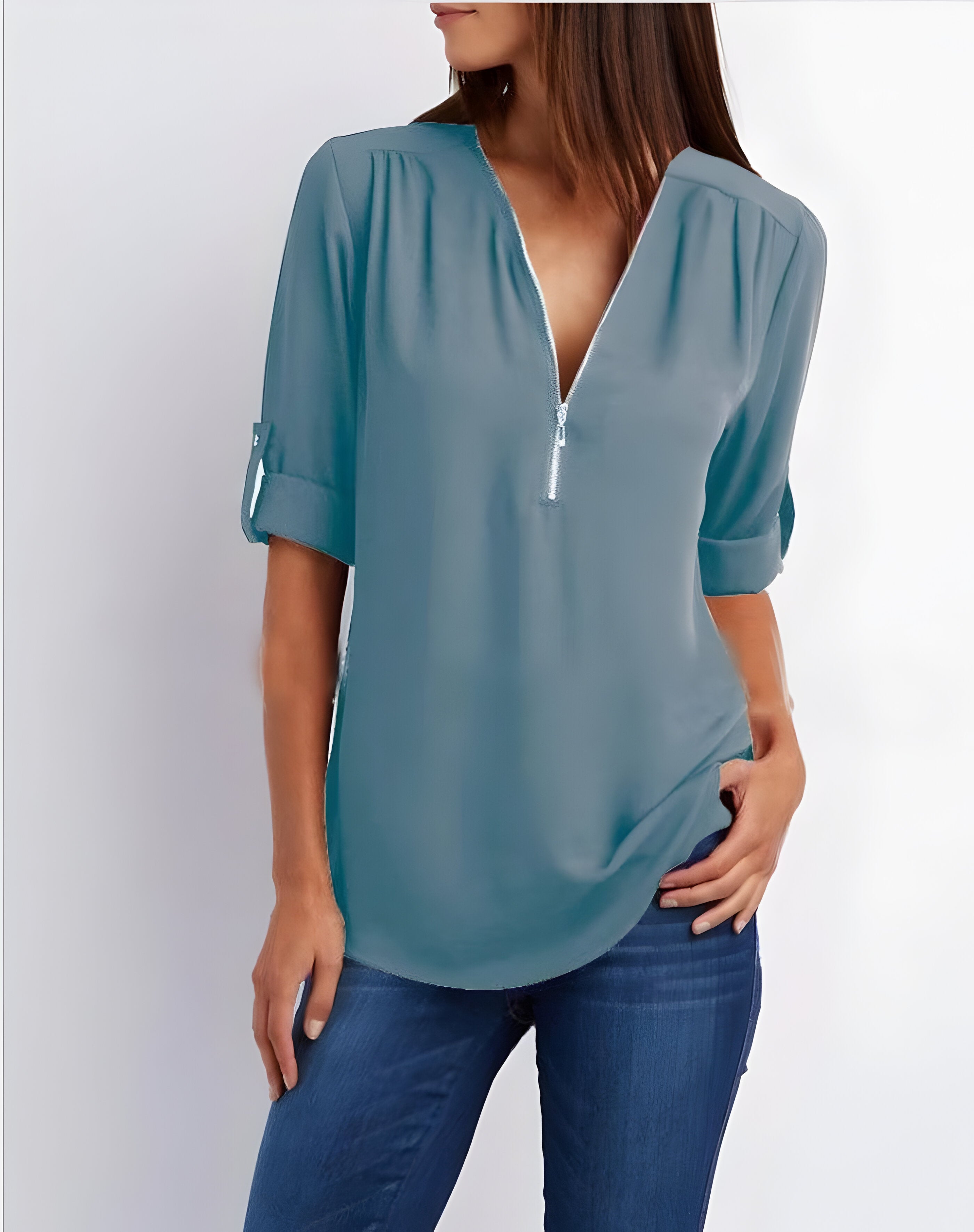 Women’s zip front V-neck blouse with roll tab sleeves