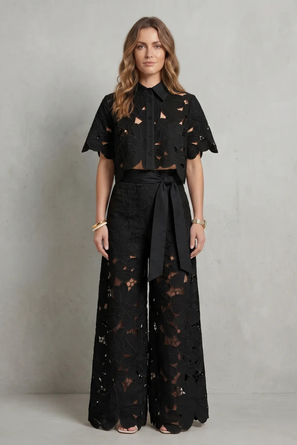 Black colorway of the embroidered lace top and skirt set, full-length view
