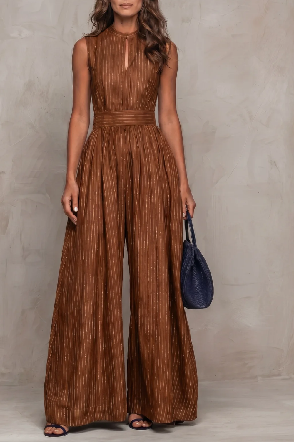 Dark Blue colorway of the striped keyhole jumpsuit, full-length view