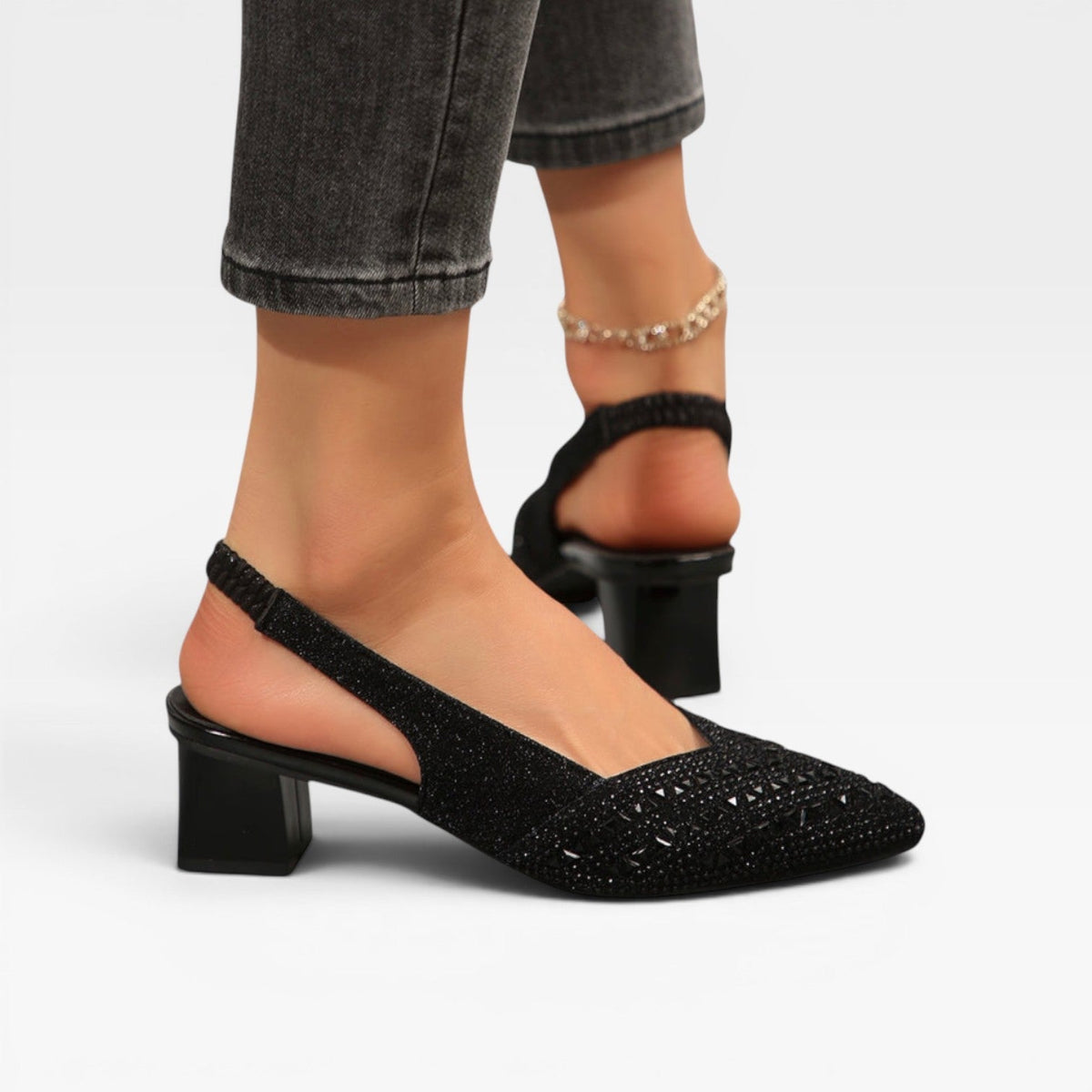 Women's Rhinestone Slingback Pumps – Block Heel Wedding Shoes | Ferndale