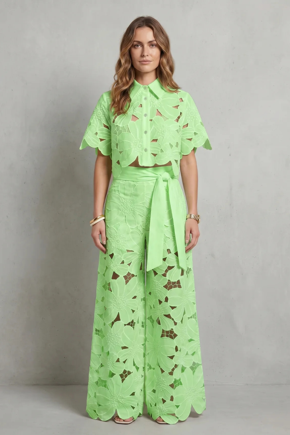 Lace top and skirt set styled with nude heels for a wedding guest look