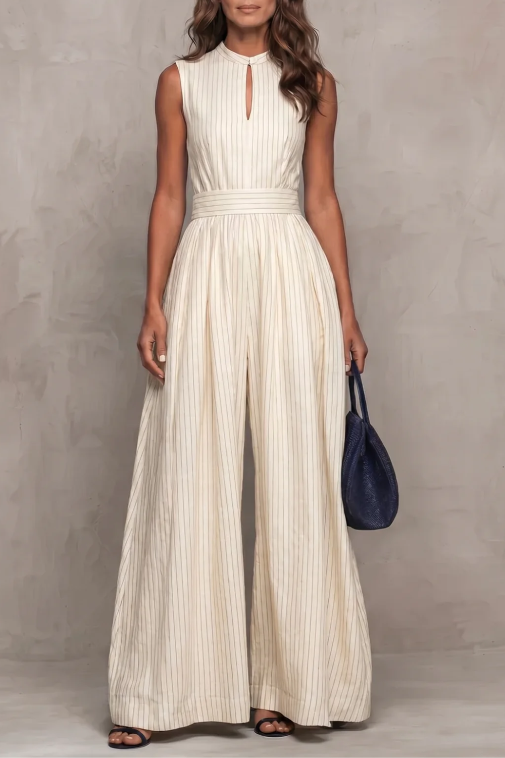 Brown colorway of the striped keyhole jumpsuit, full-length view
