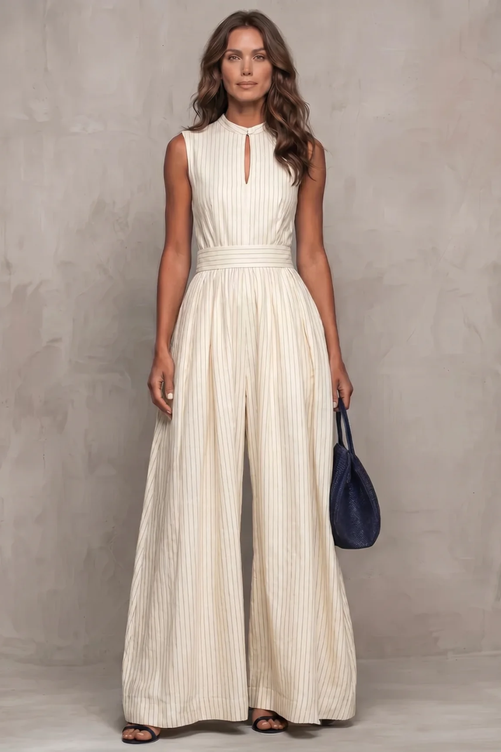 Cream colorway of the striped keyhole jumpsuit, full-length view