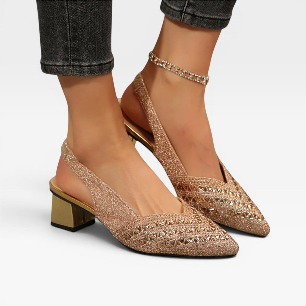 Women's Rhinestone Slingback Pumps – Block Heel Wedding Shoes | Ferndale