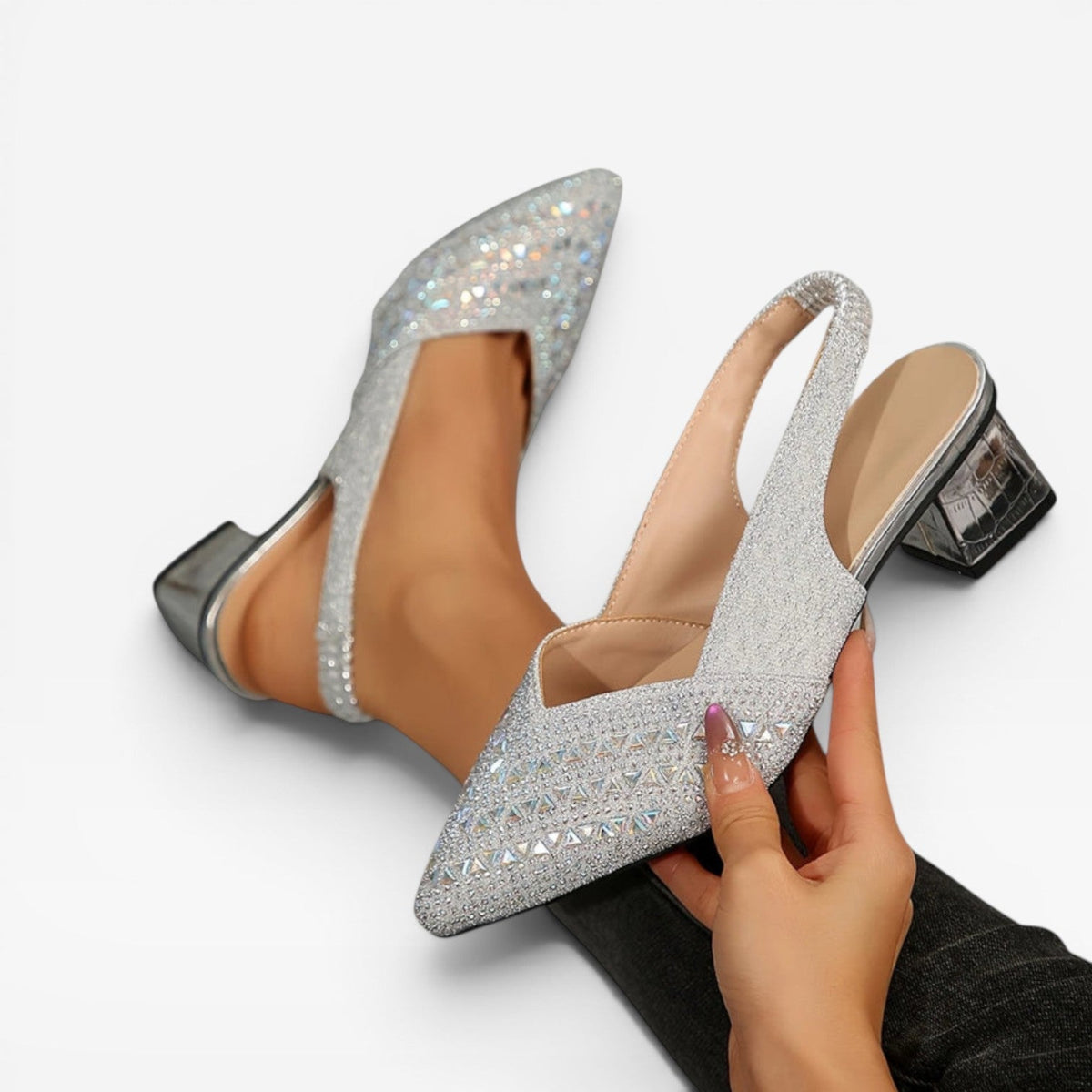 Women's Rhinestone Slingback Pumps – Block Heel Wedding Shoes | Ferndale
