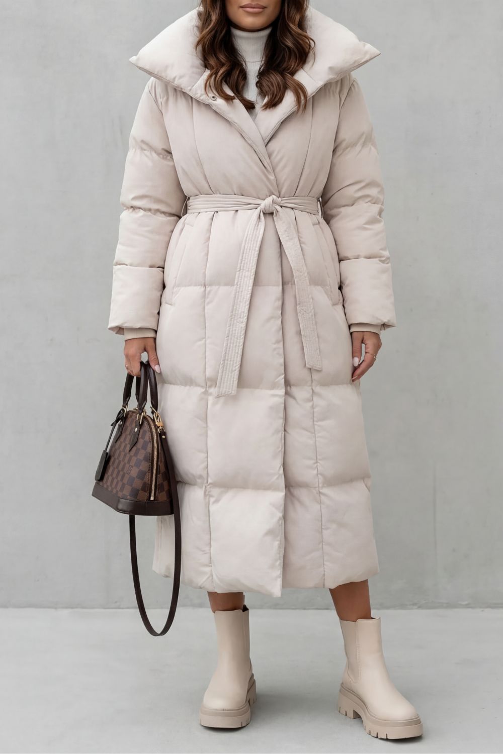 Women's Belted Long Puffer Coat with a Stylish Silhouette - Frescetta