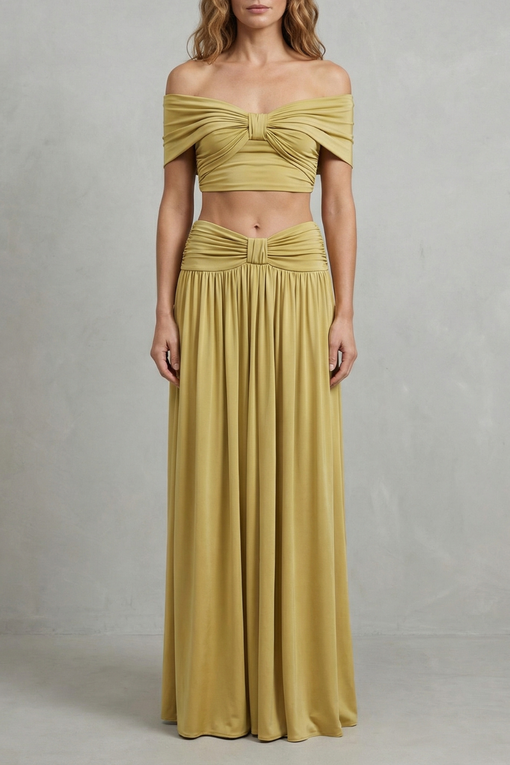 Women's off-shoulder ruched crop top and maxi skirt set, front view