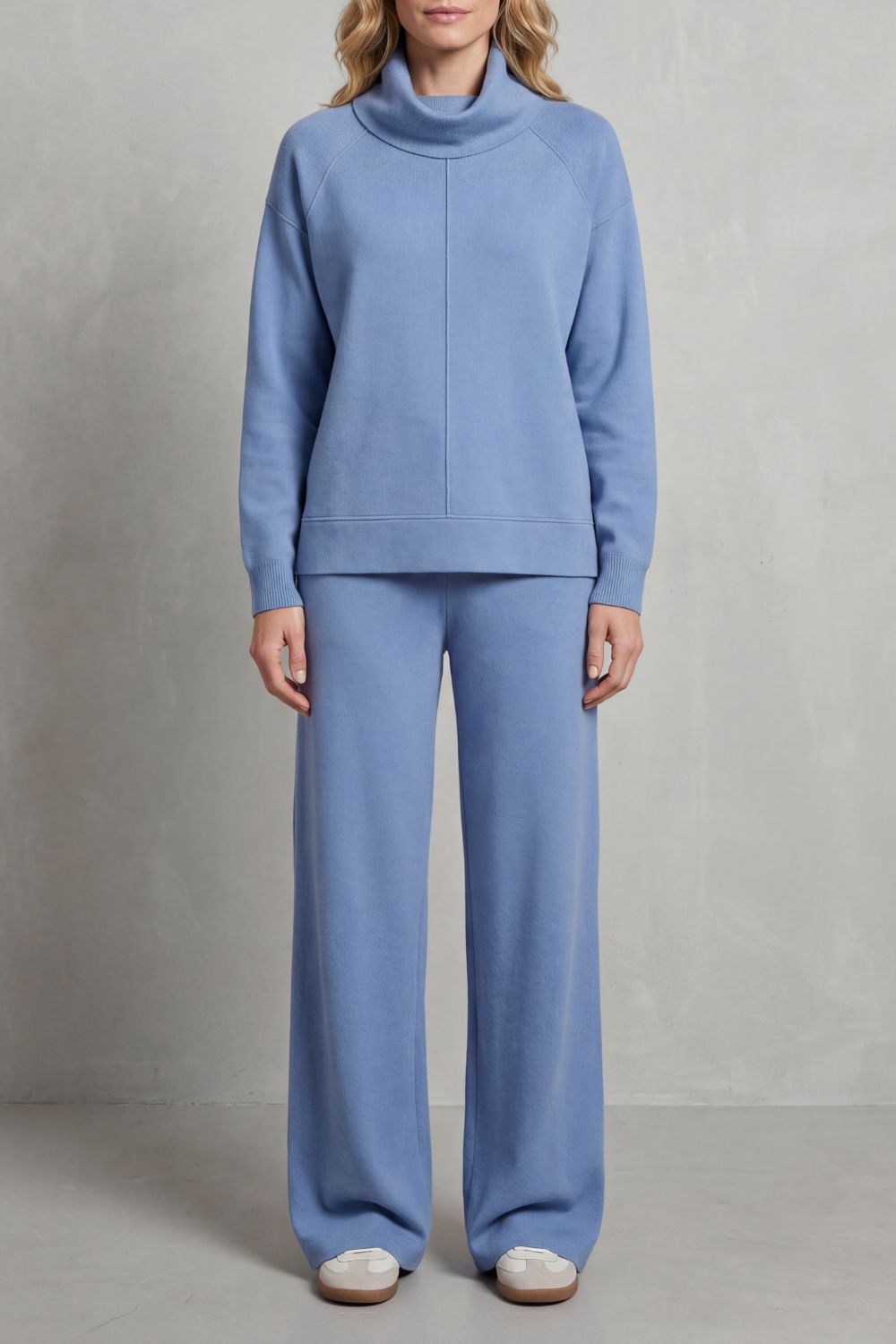 Women's draped turtleneck top and wide-leg pants lounge set, front view