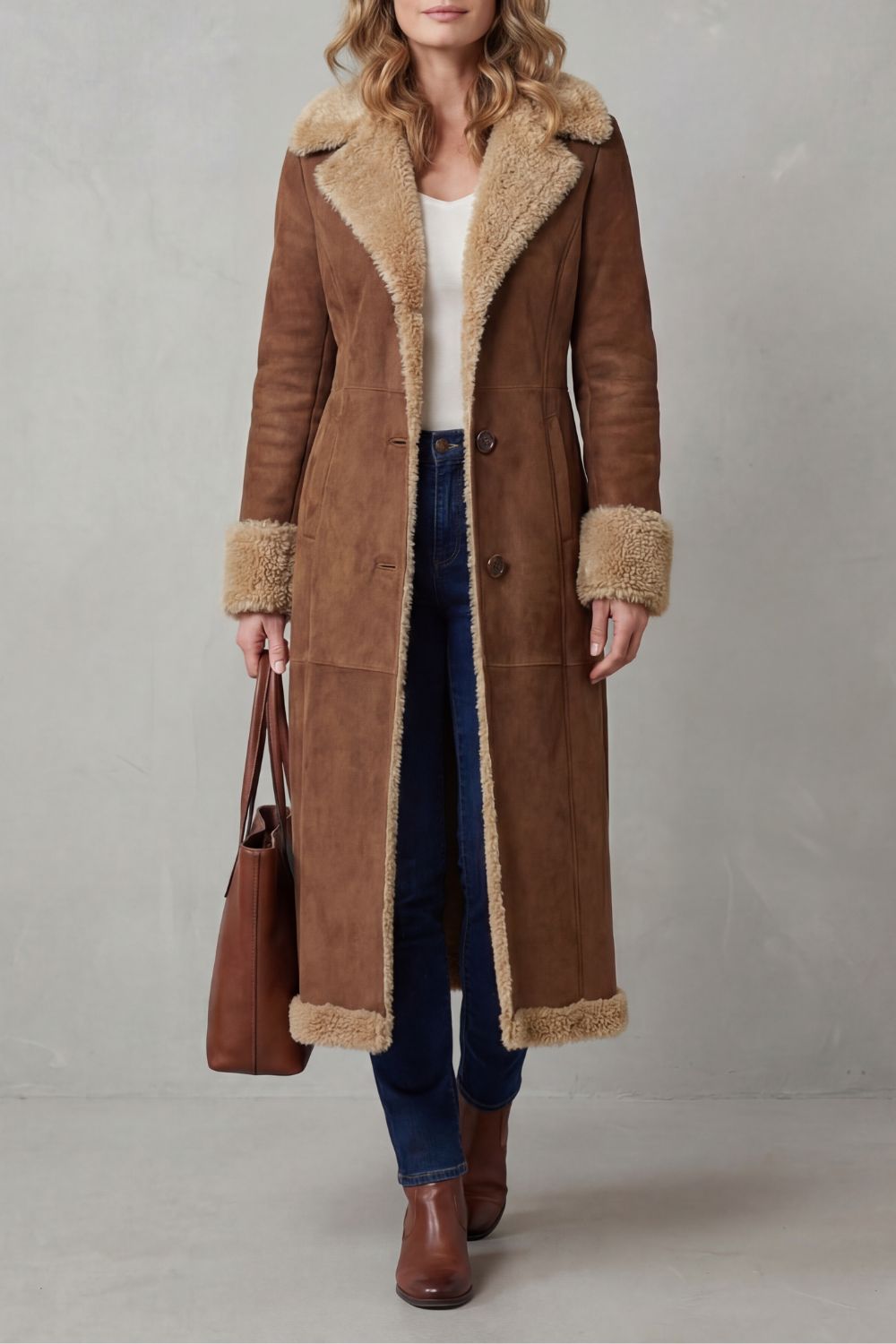 Women's Long Winter Coat with Shearling Lining - Selvion
