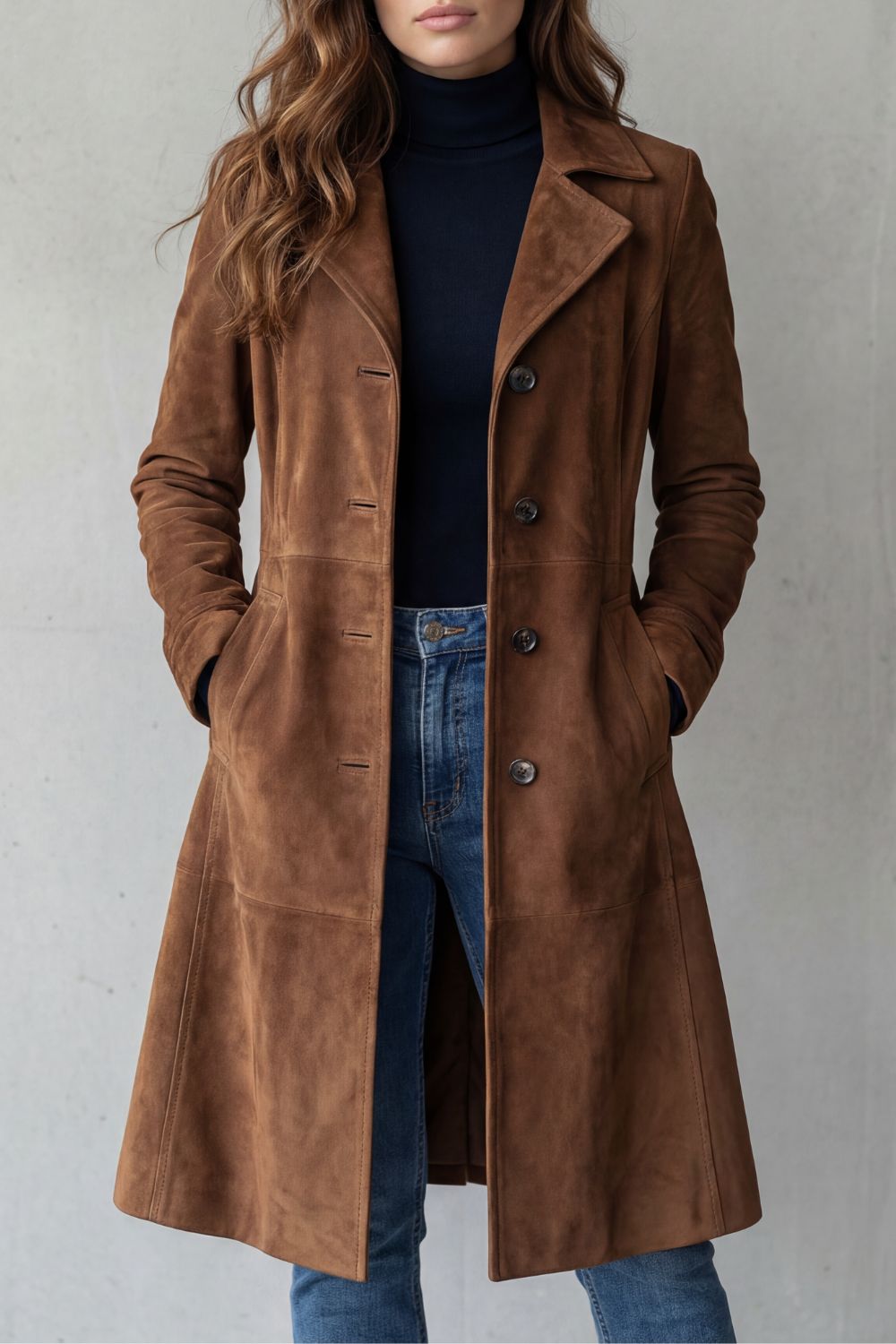 Women's Longline Coat with Vintage Suede Finish - Delvienne
