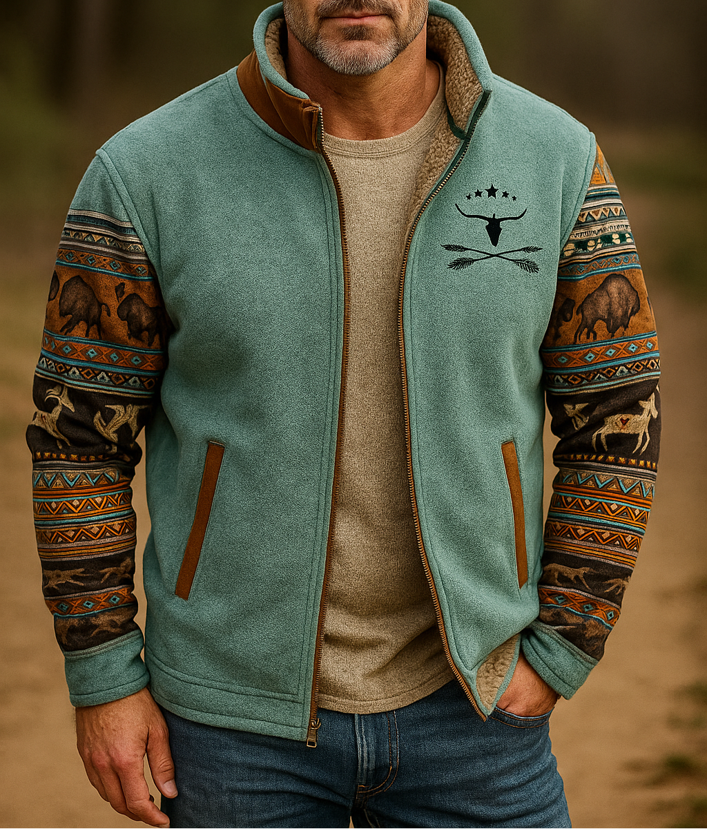 Man wearing a teal jacket with patterned sleeves and a logo on a blurred background