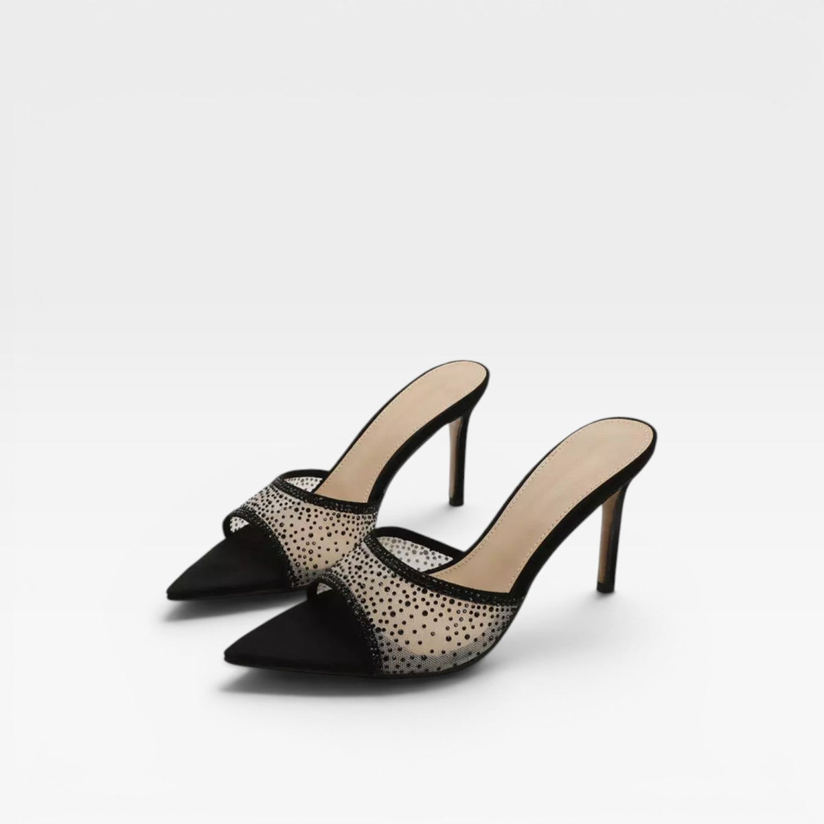 Women's Crystal Embellished Suede Stiletto Mules – Evening Heels | Ebrington