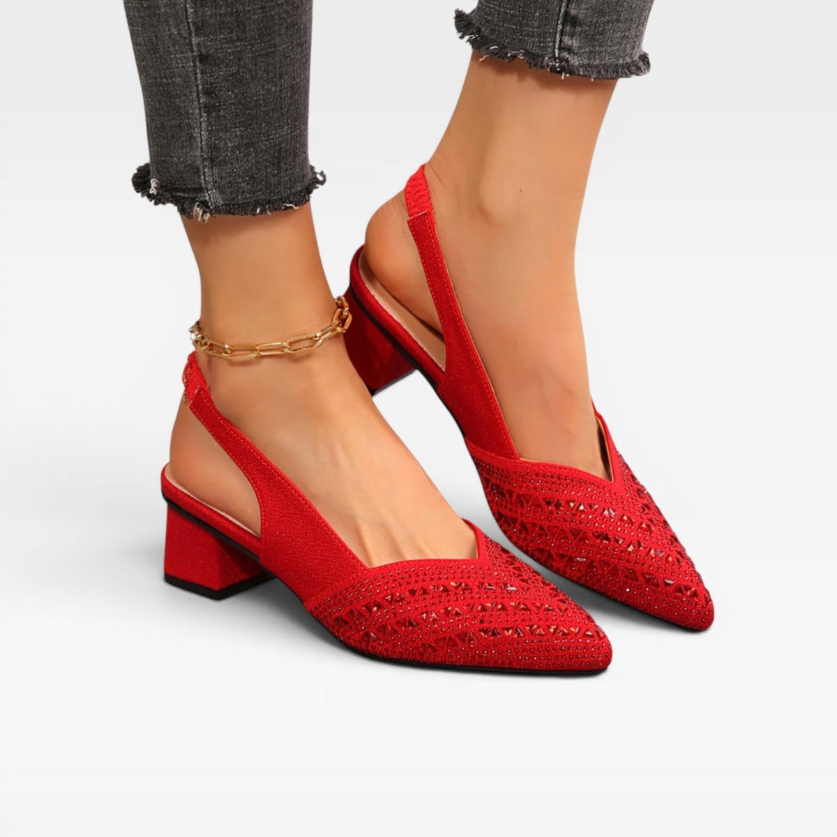 Women's Rhinestone Slingback Pumps – Block Heel Wedding Shoes | Ferndale