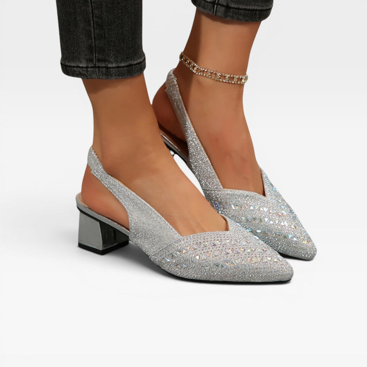 Women's Rhinestone Slingback Pumps – Block Heel Wedding Shoes | Ferndale
