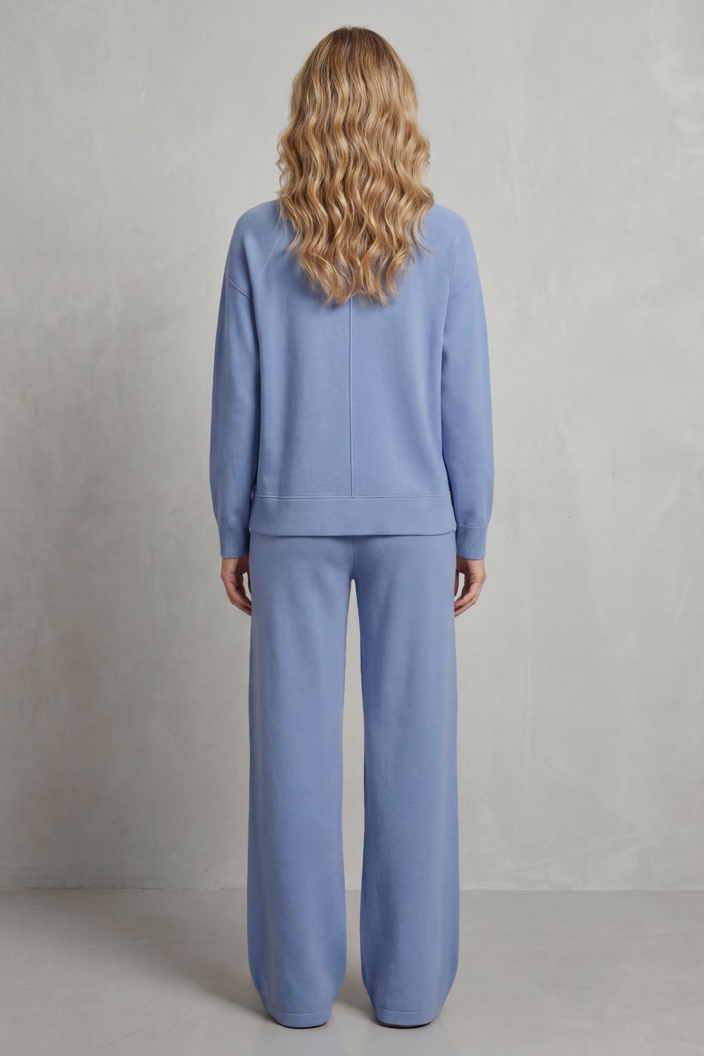 Back view of the two-piece turtleneck and wide-leg pants lounge set