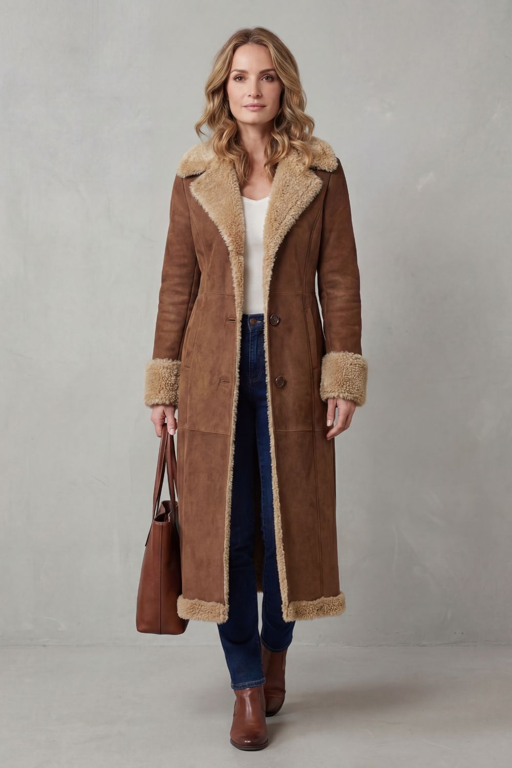 Women's Long Winter Coat with Shearling Lining - Selvion