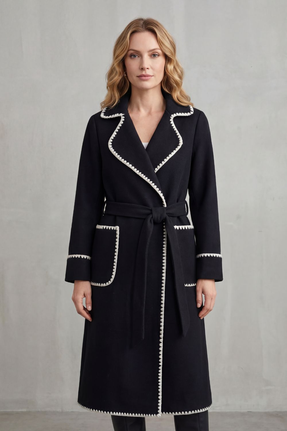 Women's Longline Belted Coat with Contrast Trim - Serafelle