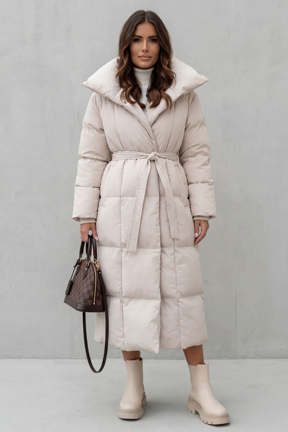 Women's Belted Long Puffer Coat with a Stylish Silhouette - Frescetta