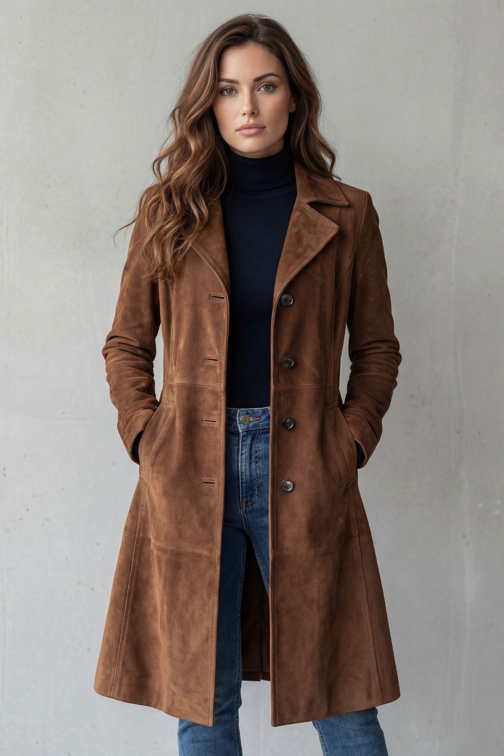 Women's Longline Coat with Vintage Suede Finish - Delvienne