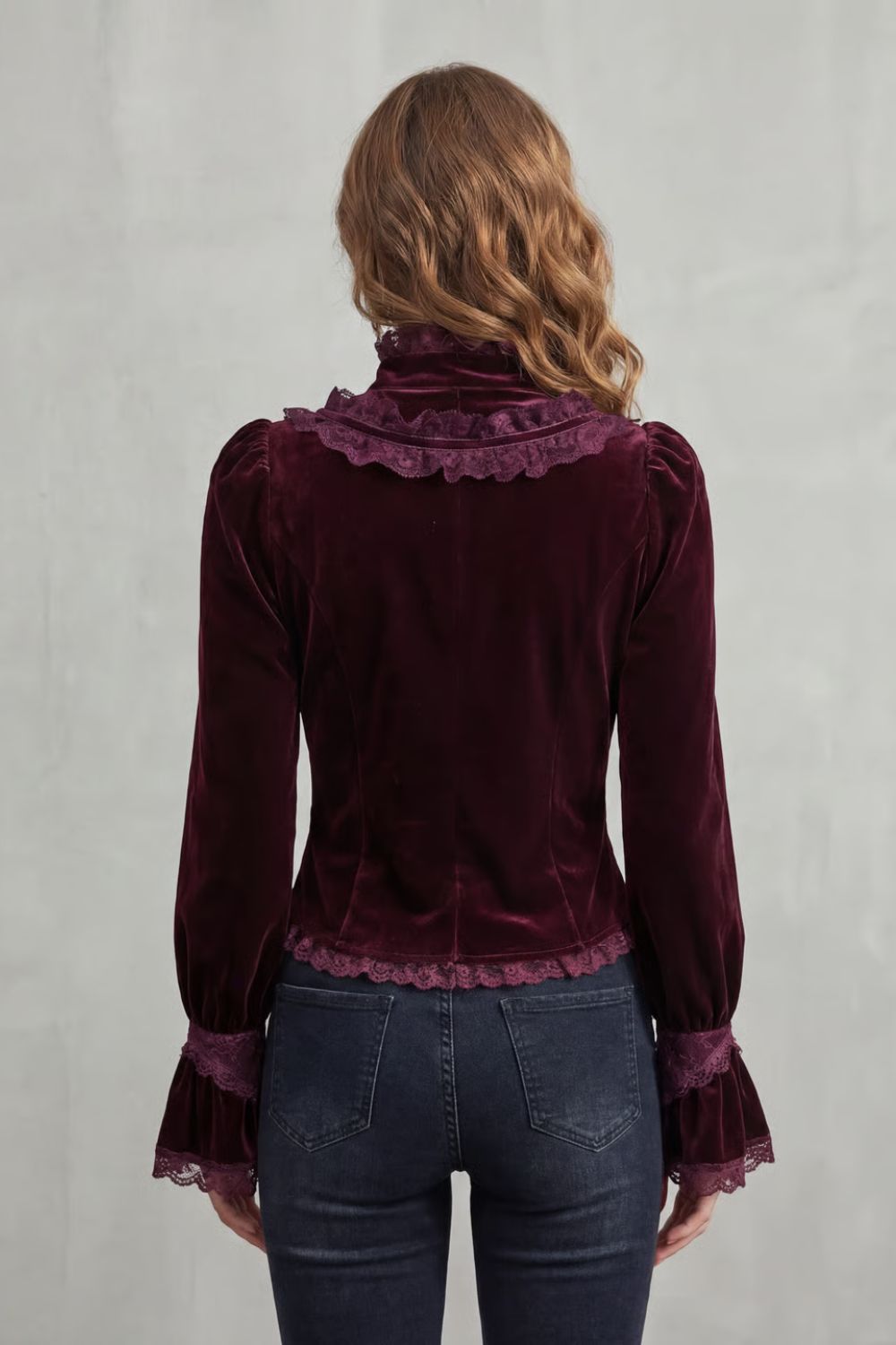 Women's Velvet Blouse with Ruffled Lace High Neck - Stellienne