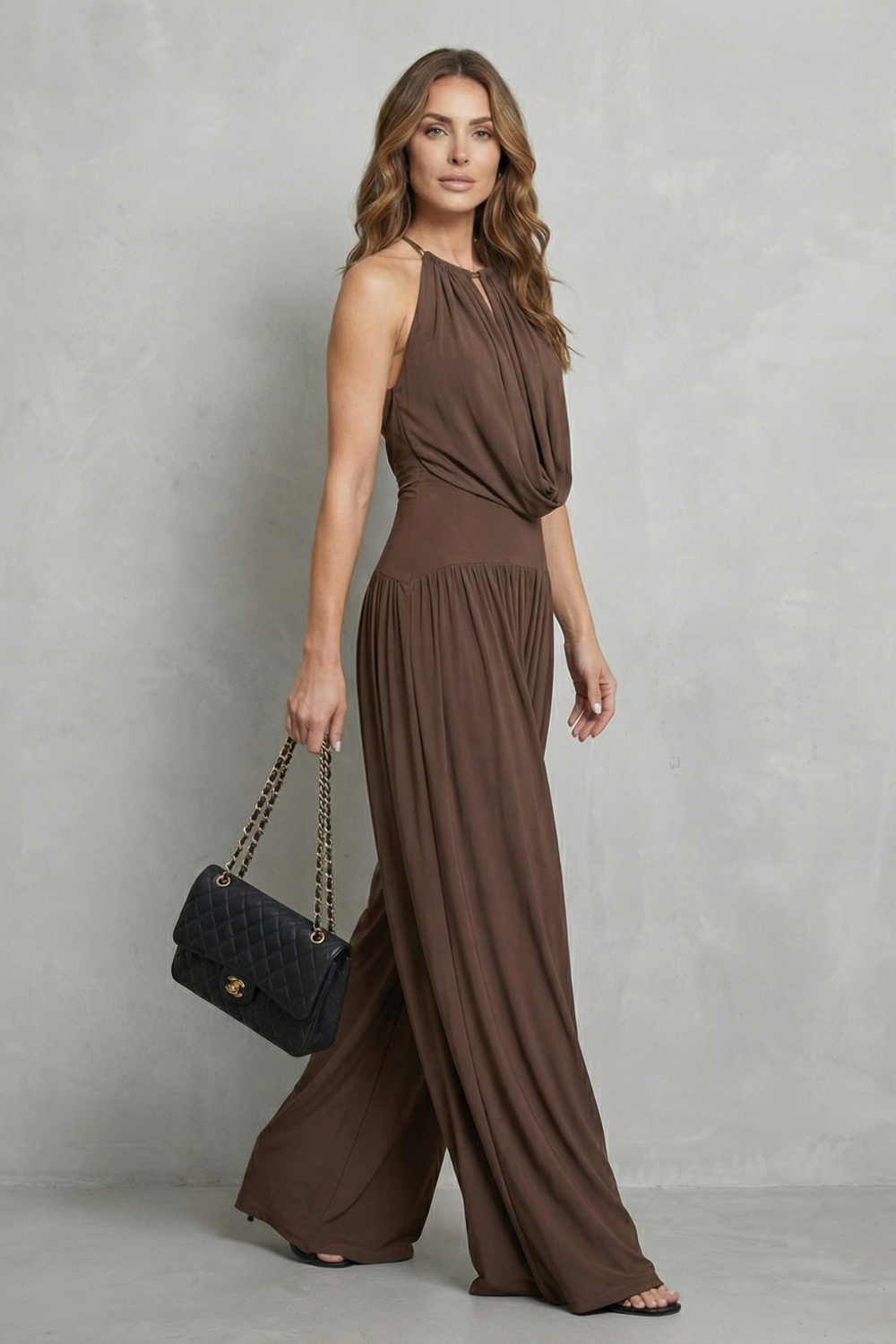 Back view of the halter top and wide-leg pants set