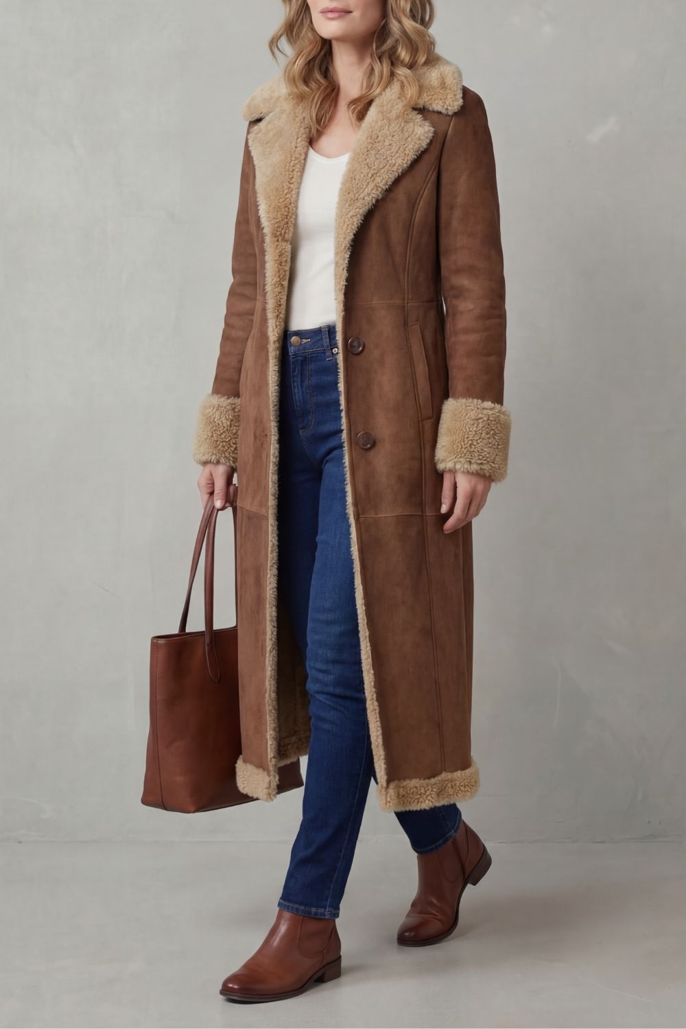 Women's Long Winter Coat with Shearling Lining - Selvion