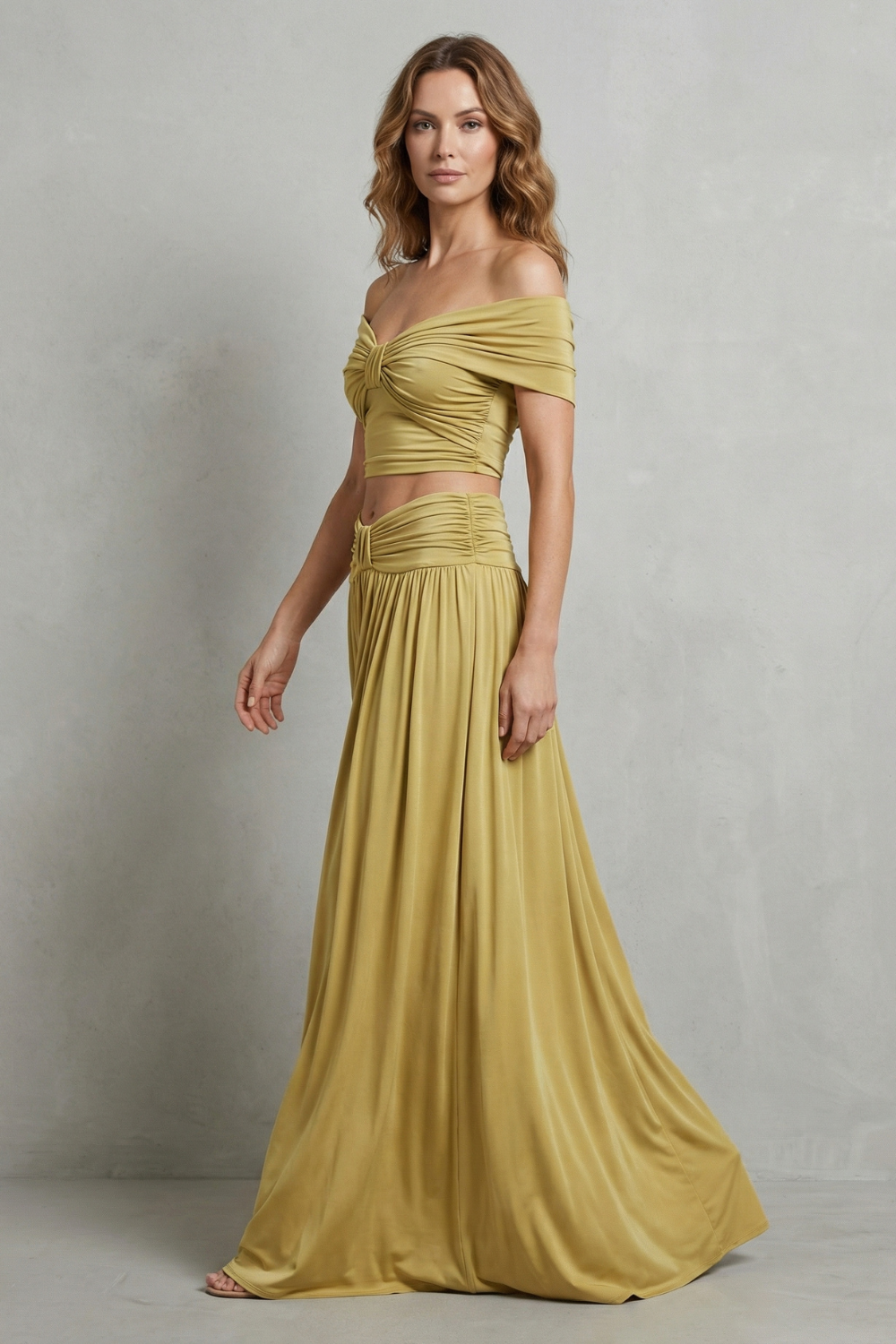Back view of the off-shoulder two-piece maxi skirt set