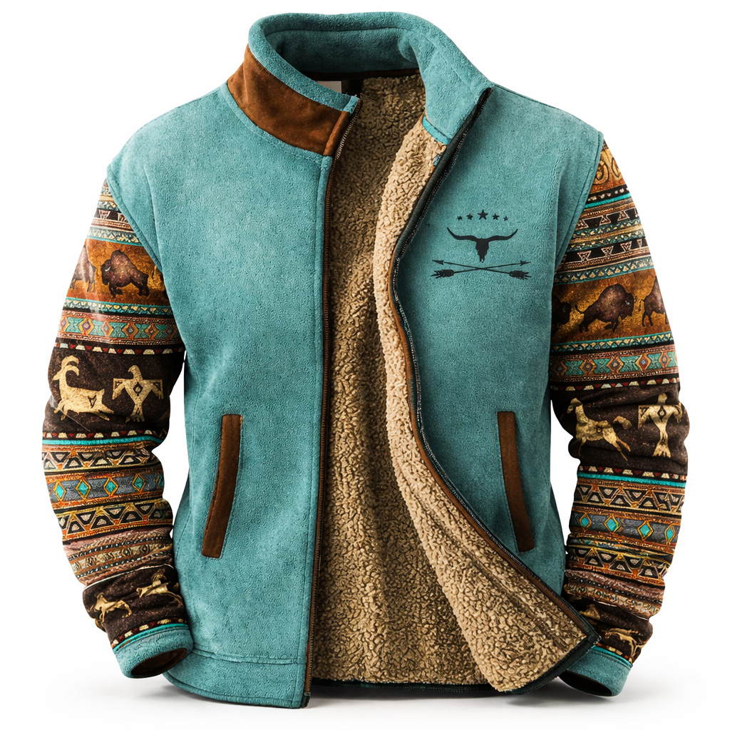 Teal and brown patterned jacket with tribal designs on a white background