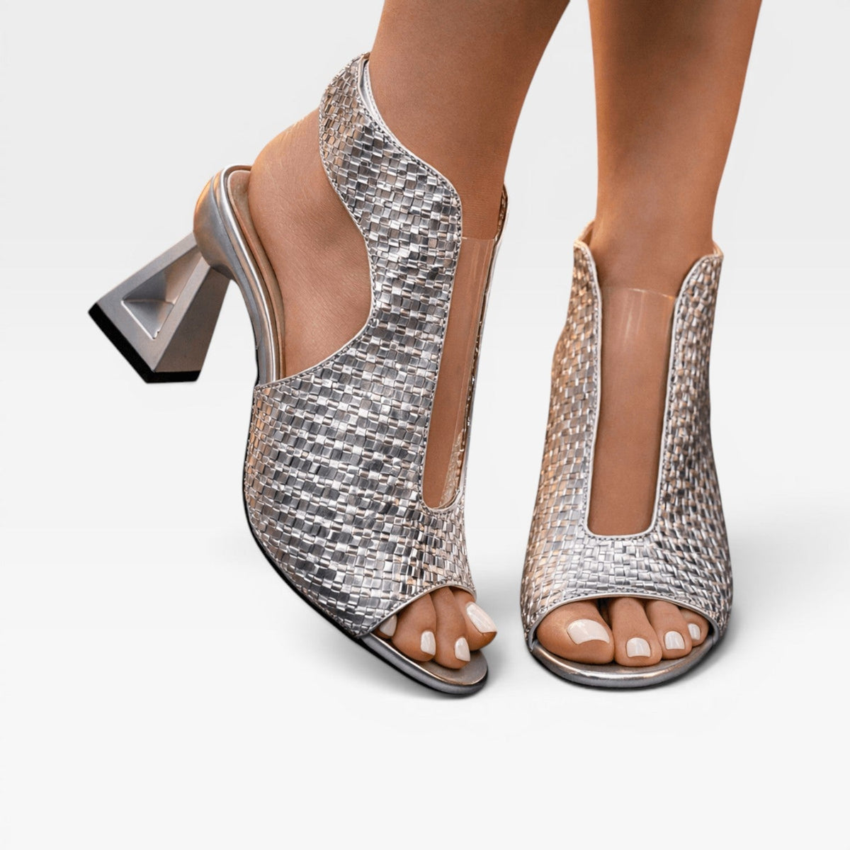 Women's Woven Metallic Sculpted Heel Pumps – Open Toe Evening Shoes | Gawsworth