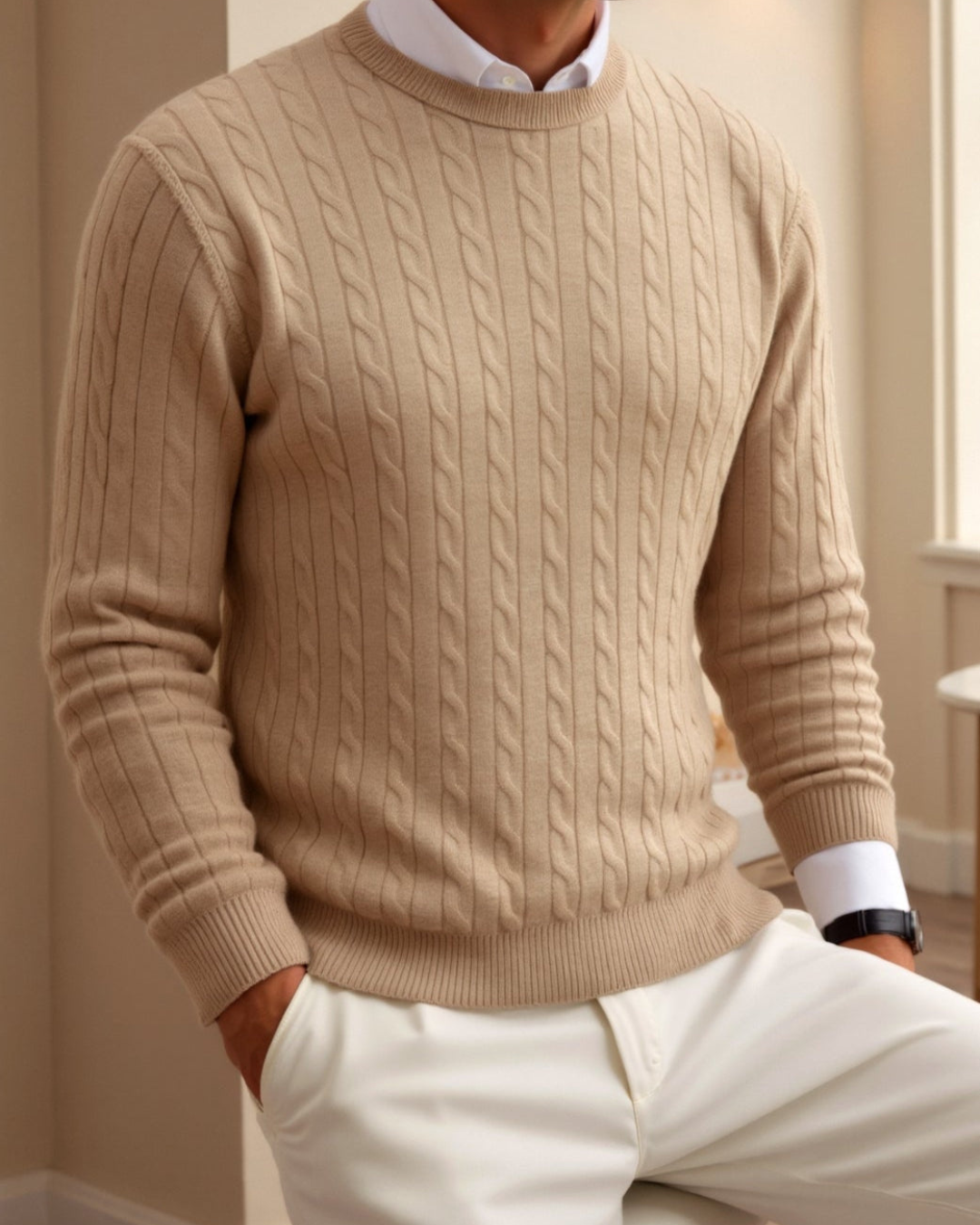 Men’s Premium O-Neck Ribbed Pullover - Beige