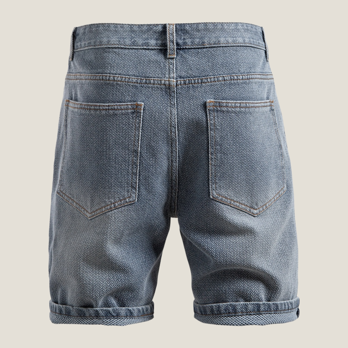Men’s relaxed fit denim shorts with five pocket design washed finish and rolled cuff for casual summer wear