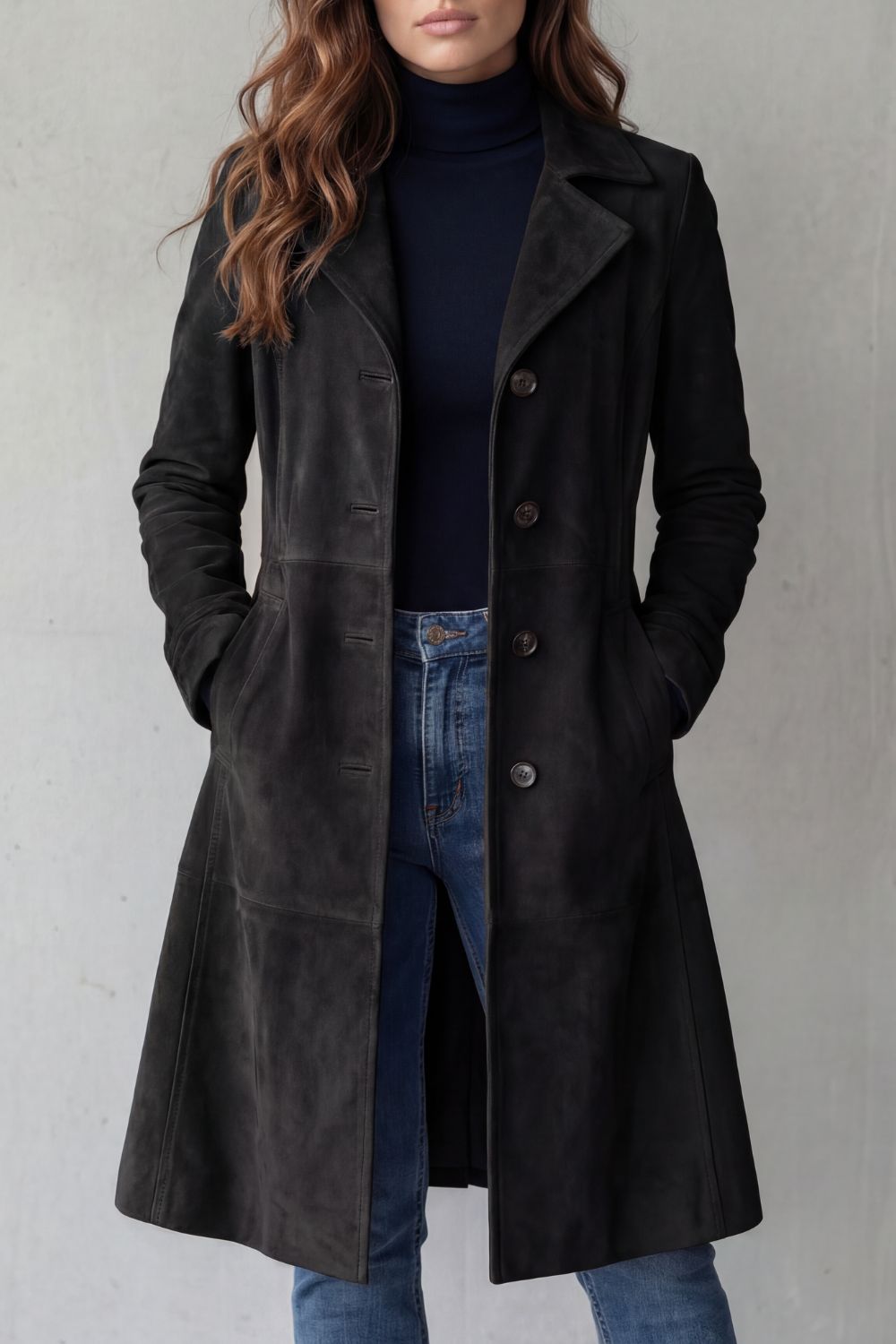 Women's Longline Coat with Vintage Suede Finish - Delvienne